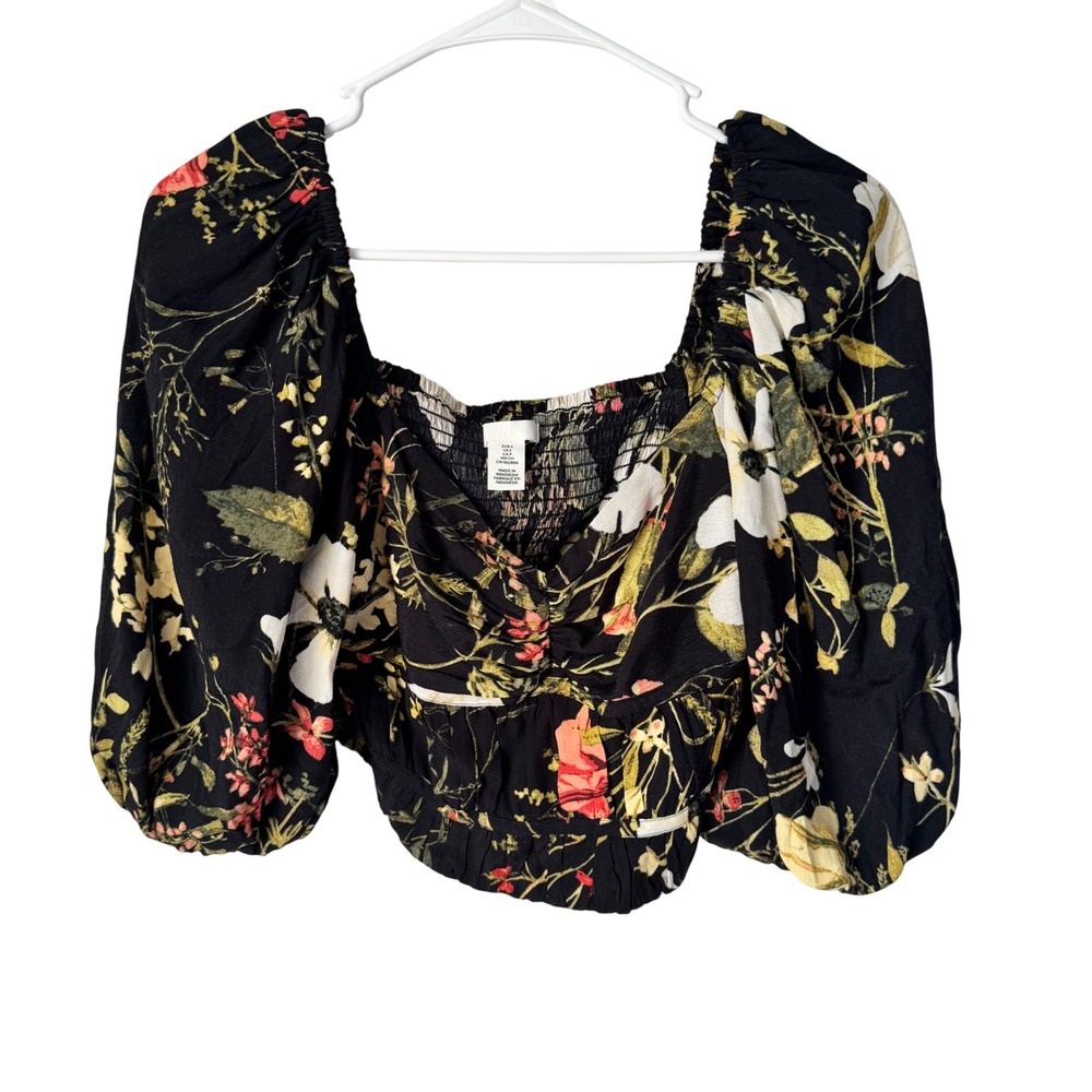 H&M Women Black Floral Puff Sleeve Square Neck Smocked Crop Top Blouse Size S